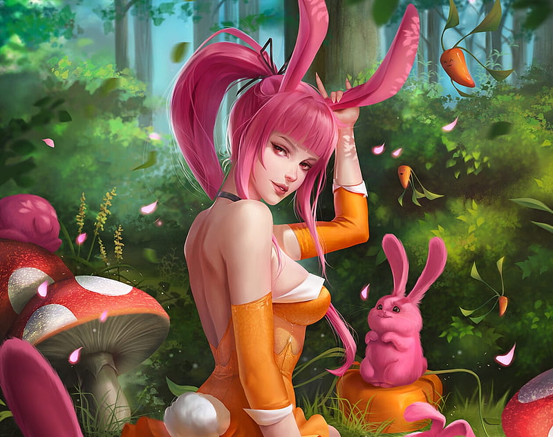 Bunny girl, bunny, pink, blondynkitezgraja, rabbit, frumusete, luminos, orange, ears, easter, fantasy, green, girl, HD wallpaper