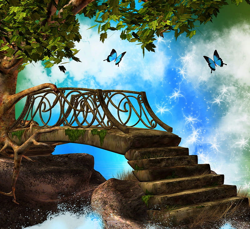 ✼Bridge in Blue✼, pretty, grass, premade BG, attractions in dreams, bonito, bridge, stock , bright, flowers, butterfly designs, resources, animals, blue, lovely, colors, love four seasons, creative pre-made, butterflies, trees, cute, cool, plants, backgrounds, nature, HD wallpaper