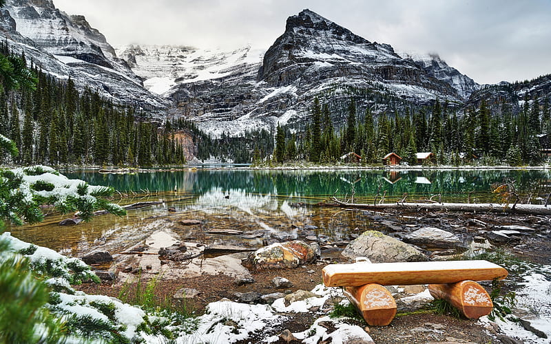 Silent lake, rocks, mountain, snow, bonito, reflection, lake, frost, winter, HD wallpaper