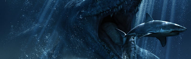 Dinosaur want hunt shark, underwater, creative U ,, Shark Dual Monitor, HD wallpaper