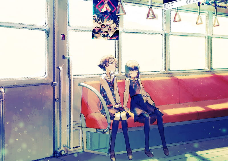 girls train, train, konachan, anime, buss, girls, HD wallpaper