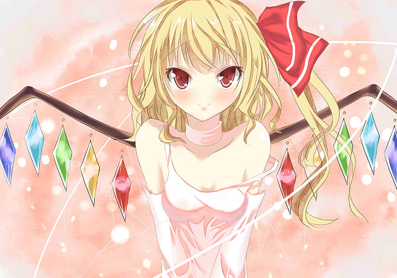 Flandre Scarlet, wings, dress, blonde hair, bonito, sexy, cute, touhou, hot, beauty, vampire, anime girl, red eyes, HD wallpaper