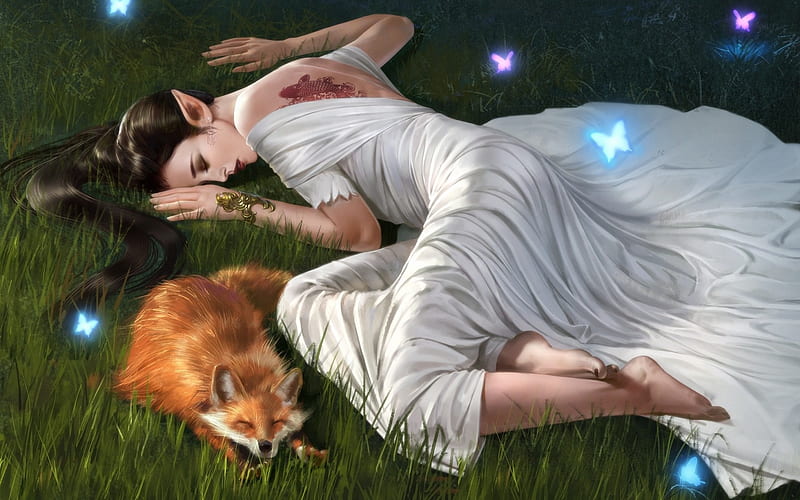 Sleeping beauty and fox, red, dress, sleep, luminos, elf, fantasy, vulpe, butterfly, girl, fox, white, night, HD wallpaper