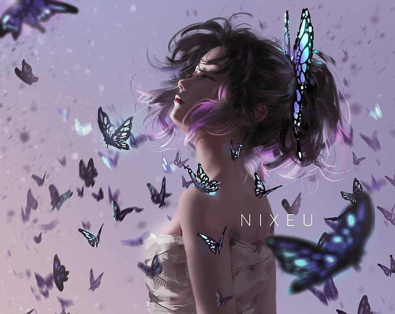 Shinobu, girl, butterfly, pink, blue, art, nixeu, frumusete, luminos, fantasy, fluture, HD wallpaper
