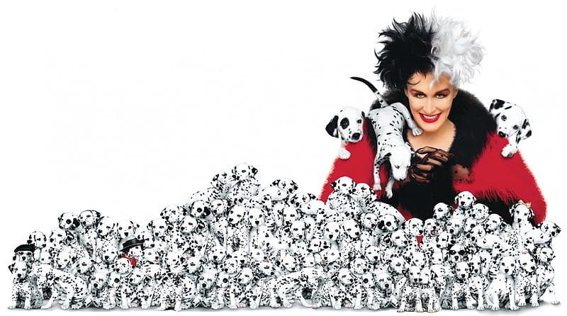 101 Dalmatians (1996), red, movie, Glenn Close, black, Cruella De Vil, woman, animal, cute, spot, fantasy, 101 Dalmatians, white, disney, puppy, dog, HD wallpaper