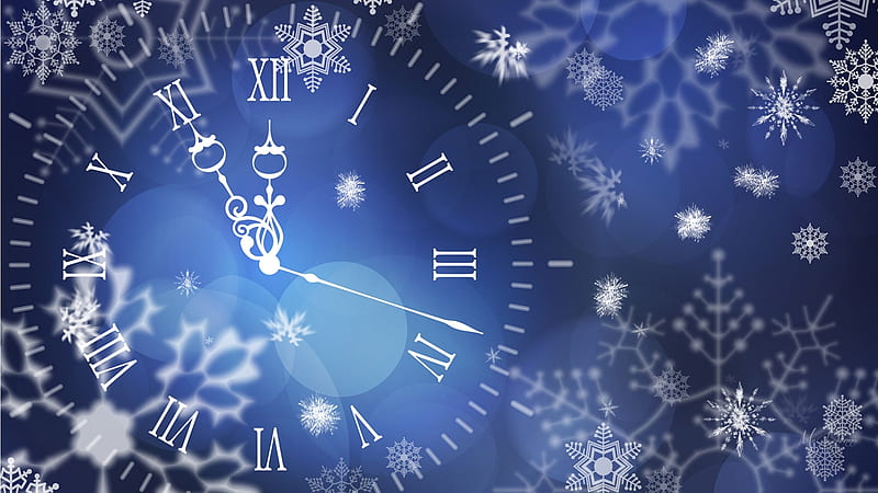 New Years Clock, New Years, time, clock, snow flakes, blue, HD wallpaper