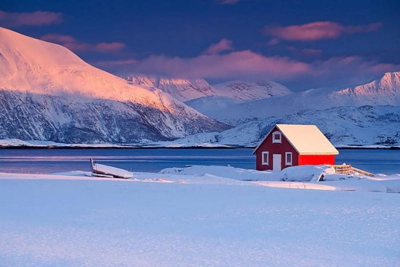 Scandinavian Winter, water, snow, mountains, cabin, clouds, sky, HD wallpaper