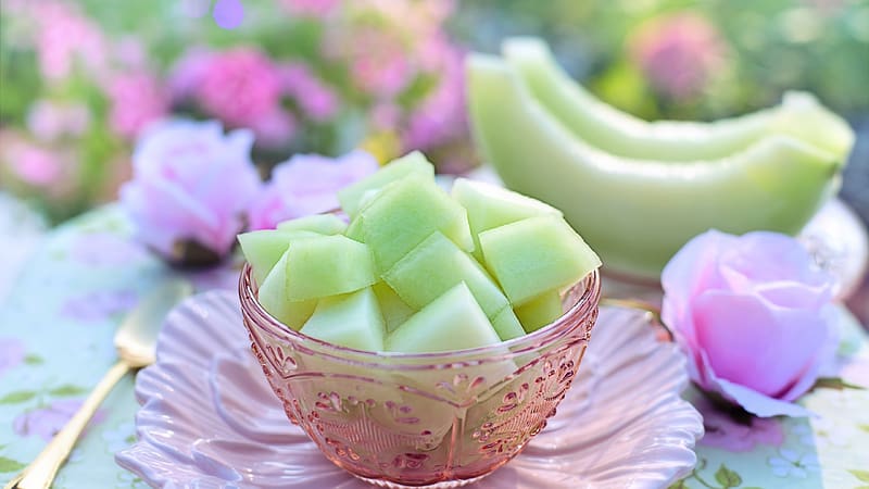 Cantaloupe, dessert, pink, sweet, summer, cucumis melo, food, flower, green, bowl, fruit, vara, HD wallpaper