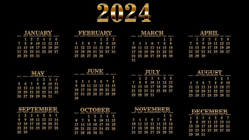 Calendar for 2024, Gold plated, Figures, New Year, Black background, Date, HD wallpaper