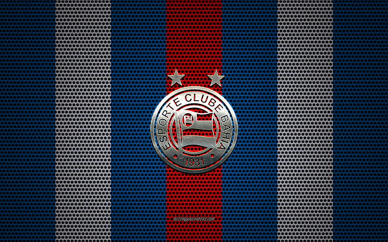 EC Bahia logo, Brazilian football club, metal emblem, blue-red-white metal mesh background, EC Bahia, Serie A, Salvador, Brazil, football, Esporte Clube Bahia, HD wallpaper