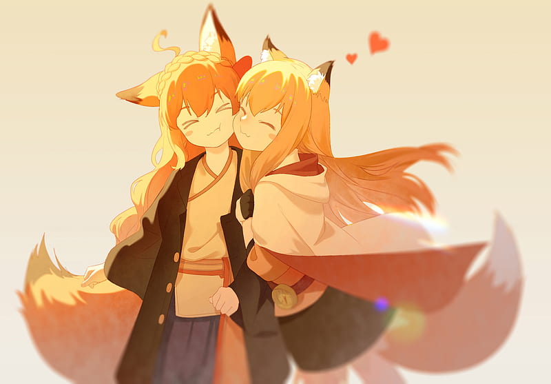 anime fox girls, animal ears, friends, orange hair, Anime, HD wallpaper