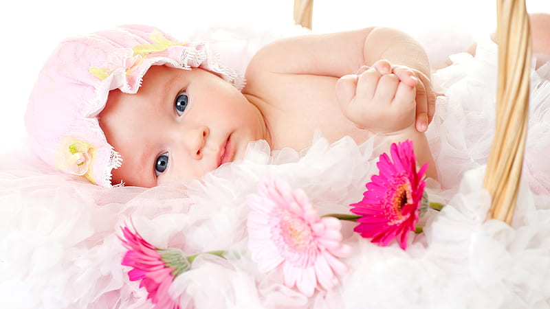Cute Baby Lying Around Flowers Wearing White Knit Cap Cute, HD wallpaper