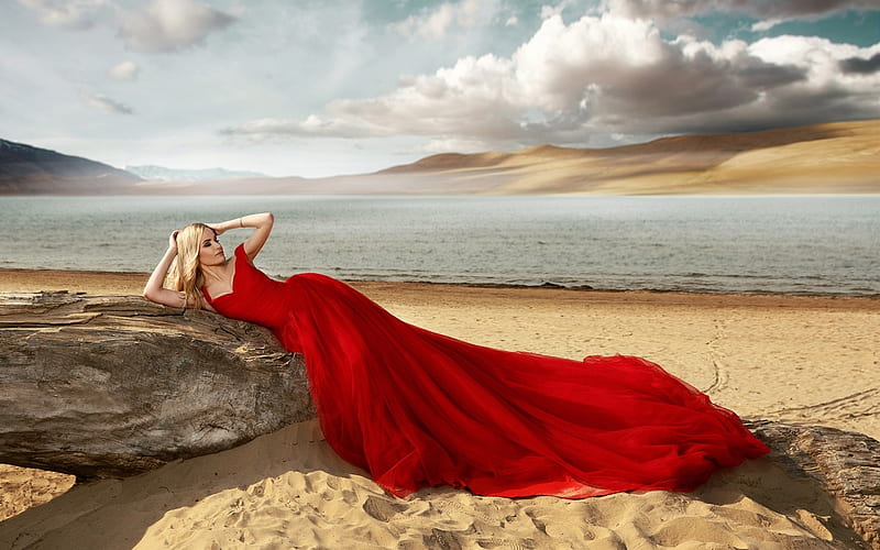 Beauty, red, cloud, dress, model, blonde, woman, beach, sand, vara, renat khismatulin, girl, summer, HD wallpaper