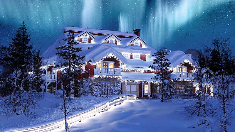 Aurora Borealis in Finland, northern, cottage, snow, winter, lights, HD wallpaper
