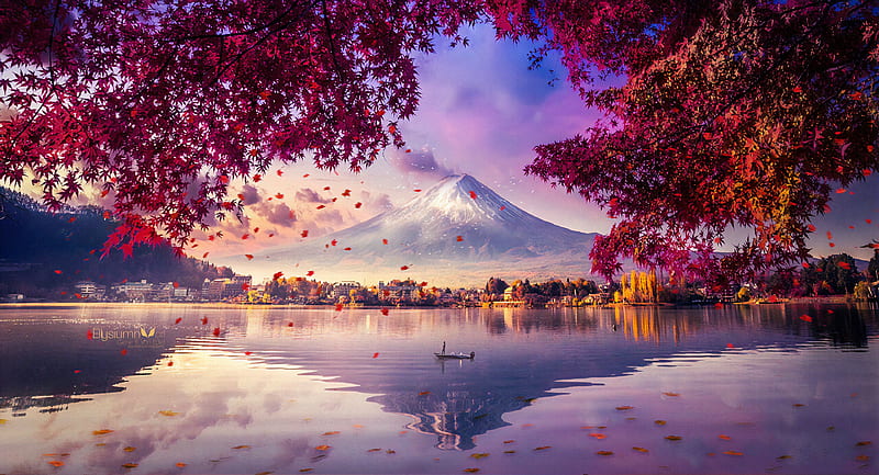 Fuji mountain, mountain, water, auutmn, peisaj, pink, blue, fuji, lake, HD wallpaper