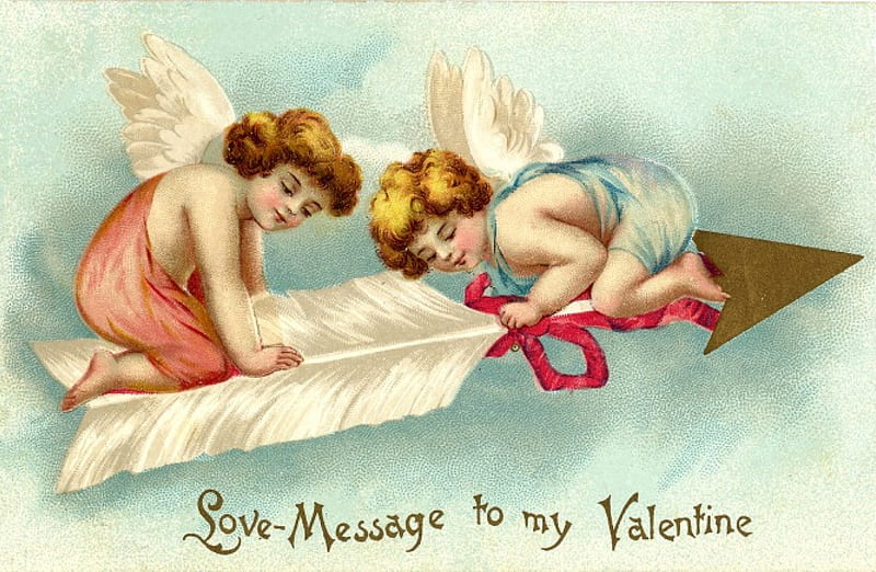 Happy Valentine's Day!, wings, feather, cupid, angel, children, valentine, vintage, card, HD wallpaper