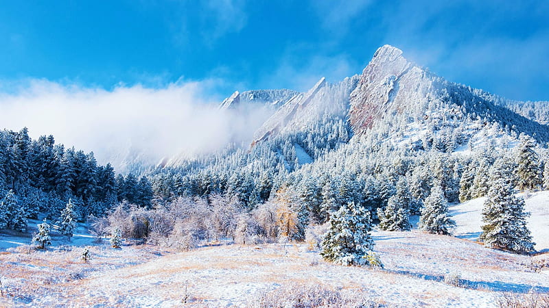 First snow of the season in Boulder, CO, clouds, landscape, trees, sky, mountains, rocks, usa, HD wallpaper