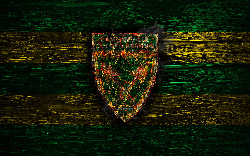 Golden Arrows FC, fire logo, Premier Soccer League, green and white lines, South African football club, grunge, football, soccer, Golden Arrows logo, wooden texture, South Africa, HD wallpaper
