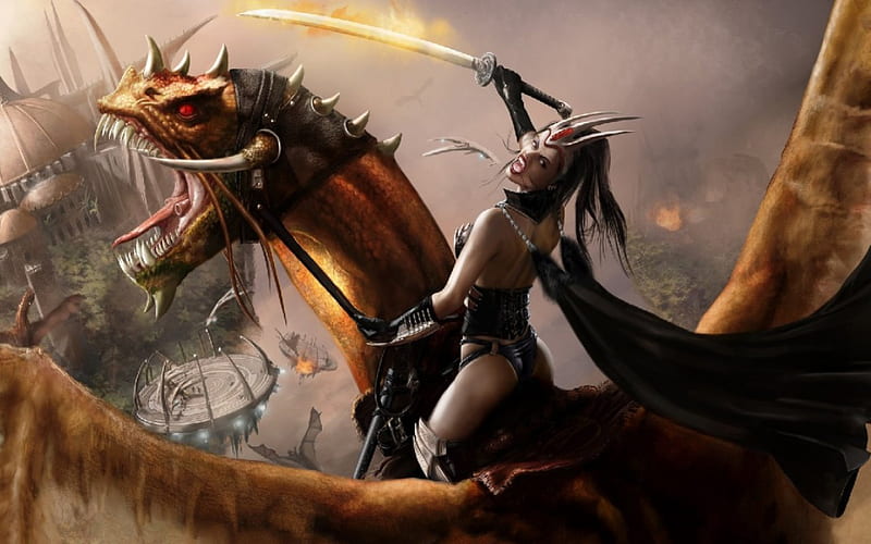 Leading The Attack, city, fantasy, woman, dragon, HD wallpaper