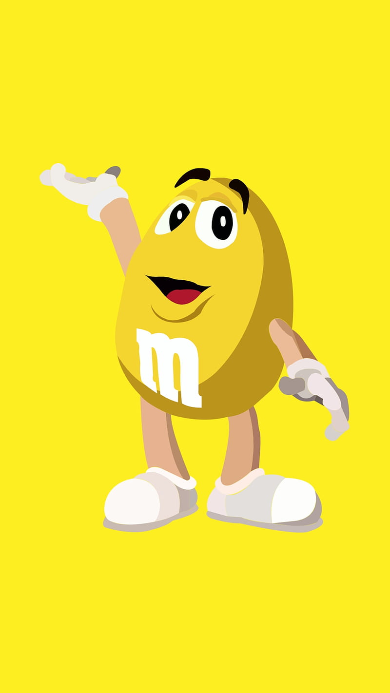 m and m, food, junkfood, cartoon, yellow, chocolate, nuts, HD phone wallpaper