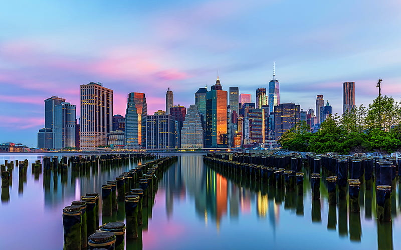 New York in evening old pier, Manhattan, american cities, NYC, skyscrapers, New York, USA, Cities of New York, America, HD wallpaper
