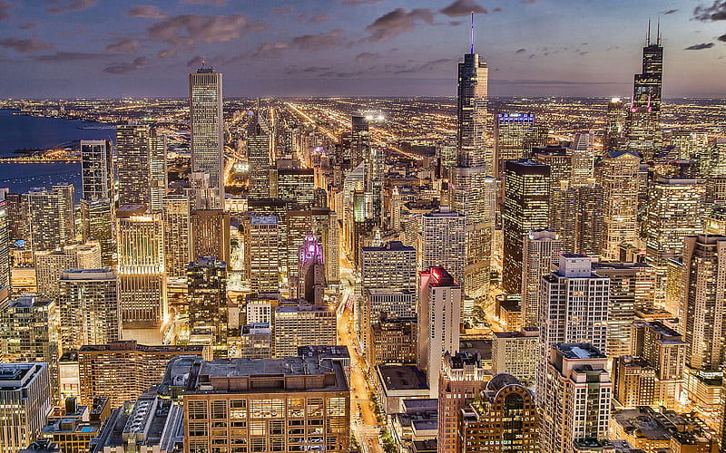Chicago, Willis Tower, Sears Tower, 875 North Michigan Avenue, Aon Center, evening, sunset, skyscrapers, american city, metropolis, modern buildings, Chicago skyline, Illinois, USA, HD wallpaper