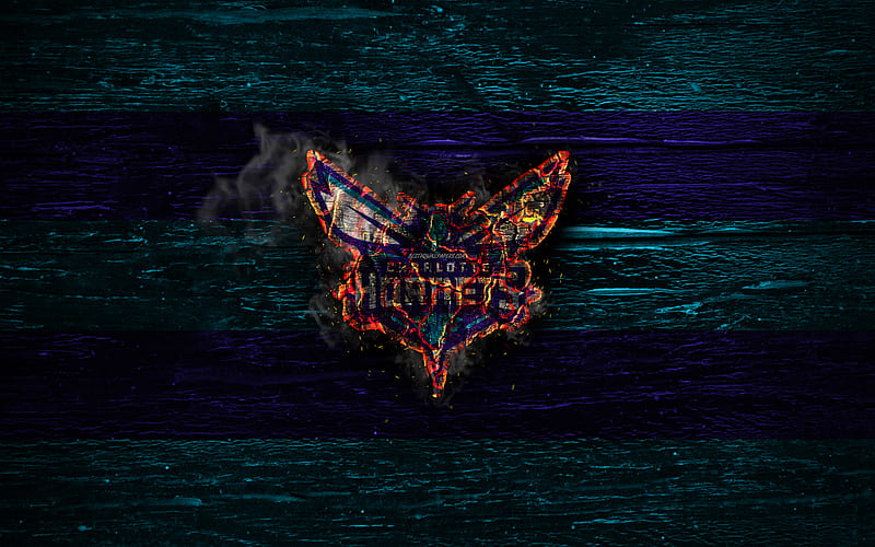 Charlotte Hornets, fire logo, NBA, blue and violet lines, american basketball club, grunge, basketball, logo, Eastern Conference, wooden texture, USA, HD wallpaper
