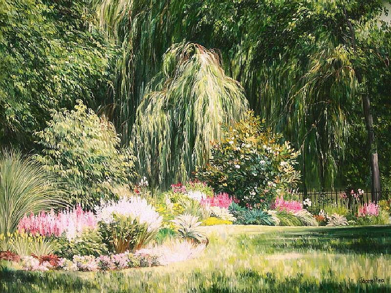 Weeping Willow, fence, grass, sunlight, painting, flowers, trees, HD wallpaper