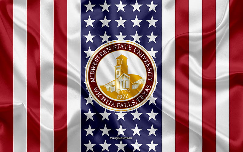 Midwestern State University Emblem, American Flag, Midwestern State University logo, Wichita Falls, Texas, USA, Midwestern State University, HD wallpaper
