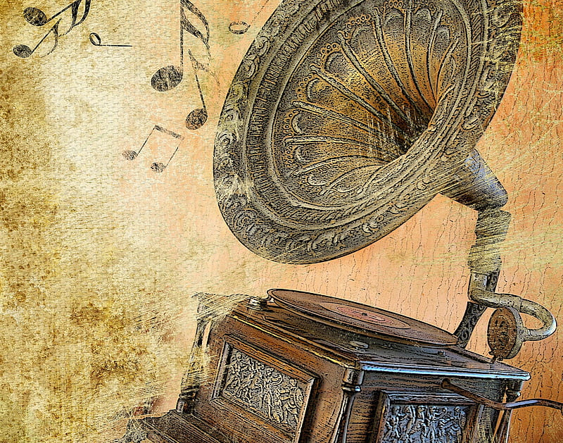 Vintage Gramophone, art, music, copper, tunes, old, artifact, instrument, gramophone, painting, classic, wood, vintage, HD wallpaper