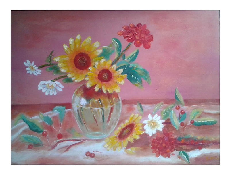 flowers painted by saad kilo, art, flowers, nature, oil paintings, HD wallpaper