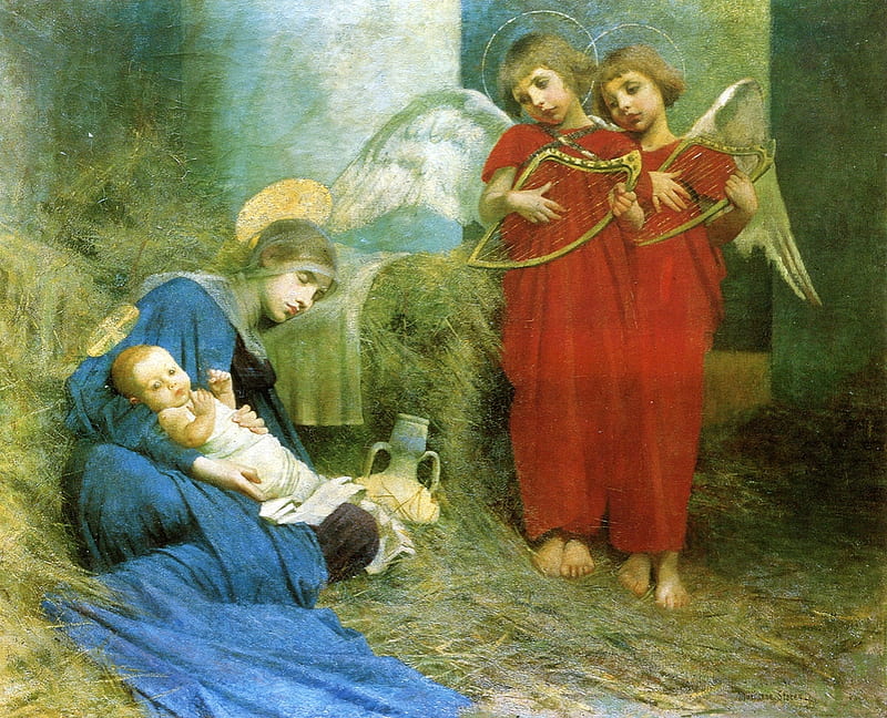 Holy lullaby song, red, art, marianne stokes, angel, virgen, maria, holy, instrument, song, painting, child, pictura, mary, HD wallpaper