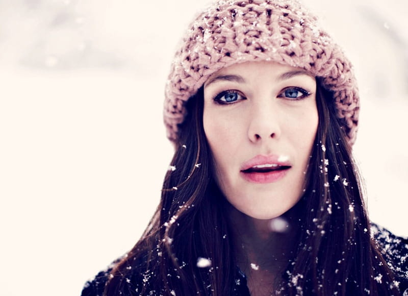 Liv Tyler, woman, winter, hat, girl, actress, snow, white, pink, HD wallpaper