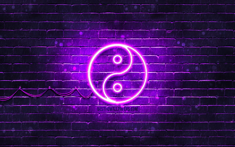Yin Yang violet sign violet brickwall, Yin Yang symbol, creative, Yin Yang neon sign, Yin Yang sign, Yin Yang, HD wallpaper
