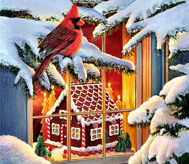 Gingerbread House - Bird FC, art, songbirds, bonito, illustration, artwork, animal, winter, bird, snow, avian, painting, wide screen, wildlife, nature, cardinal, HD wallpaper