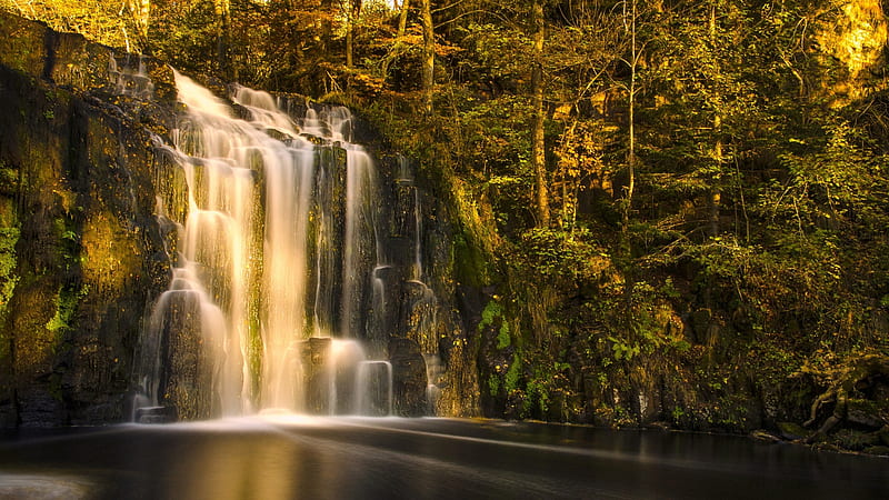 Cascade Wood of Lime, Auvergne, France, trees, river, waterfall, rocks, forest, HD wallpaper