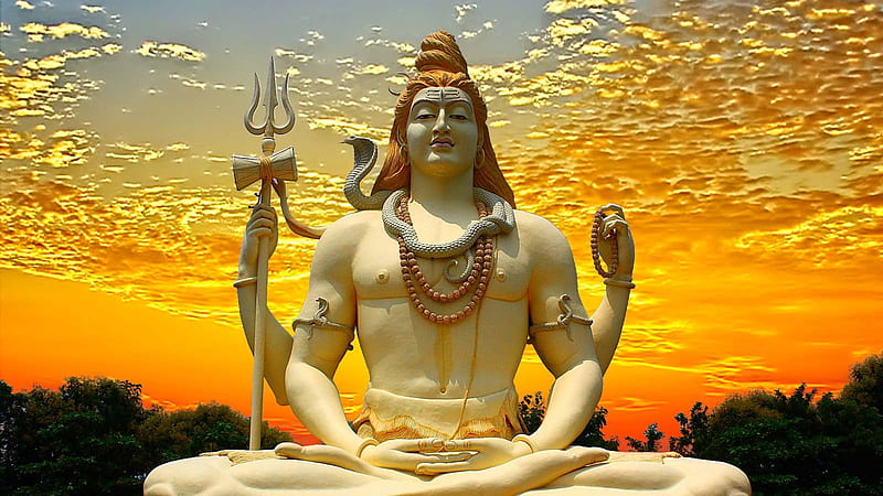 God Lord Shiva Statue In Golden Sky Background Shiva, HD wallpaper