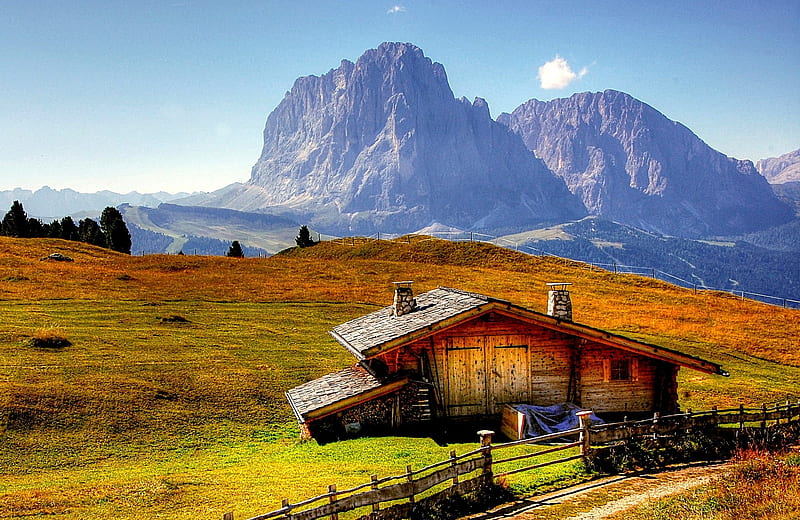 Langkofel mountain, Dolomites, Italy, autumn, colors, cabin, sky, landscape, HD wallpaper