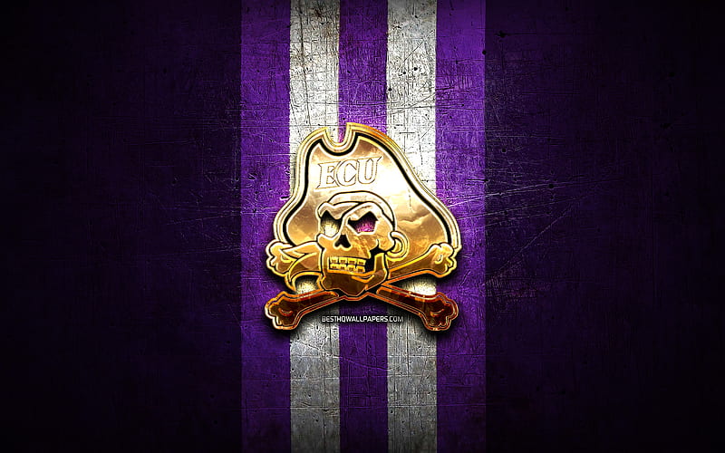 East Carolina Pirates, golden logo, NCAA, violet metal background, american football club, East Carolina Pirates logo, american football, USA, HD wallpaper