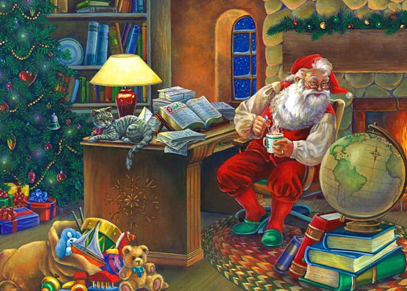 Santa mapping the course, house, books, home, bonito, santa claus, eve, painting, room, evening, globe, art, holiday, christmas, course, tree, gifts, map, HD wallpaper