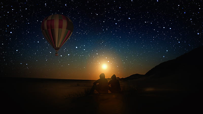 hot air balloon, stars, night, scenic, sunset, mood, horizon, Landscape, HD wallpaper