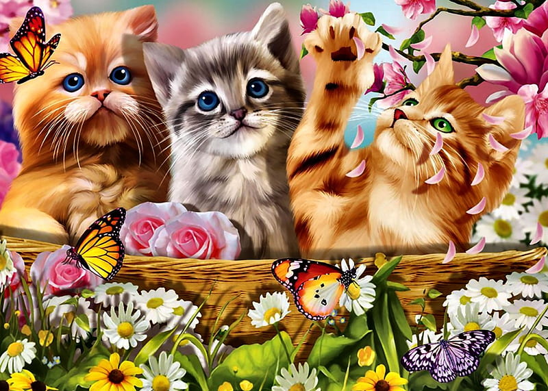 Cuddly Kittens F, art, kittens, bonito, cat, artwork, animal, pet, butteflies, feline, painting, wide screen, HD wallpaper