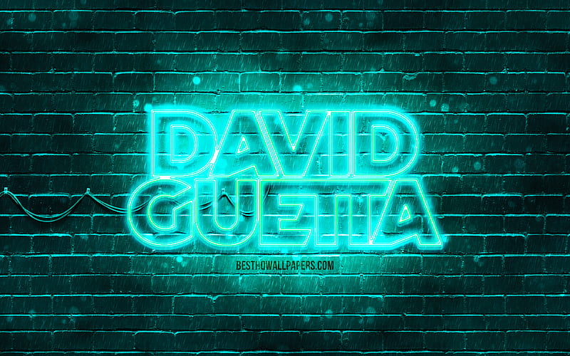 David Guetta turquoise logo superstars, french DJs, turquoise brickwall, David Guetta logo, Pierre David Guetta, David Guetta, music stars, David Guetta neon logo, HD wallpaper