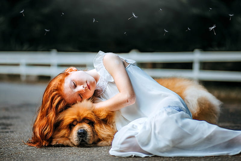 Young Girl and her Best Friend, girl, redhead, model, dog, HD wallpaper