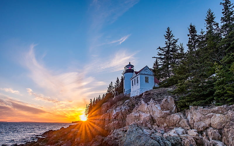 lighthouse, bay, ocean, coast, sunset, Atlantic Ocean, Bass Harbor, Maine, Acadia National Park, Mount Desert Island, USA, HD wallpaper