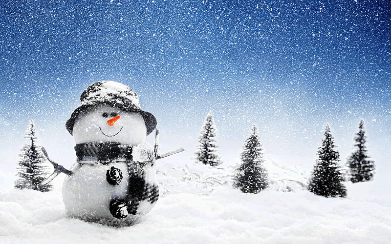 snowman forest, winter, happy new year, snowmen, snowfall, background with snowman, HD wallpaper