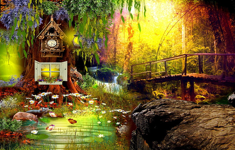 MYSTIQUE FOREST, owl, forest, house, rats, clock, butterflies, tree, 3D, bridge, river, HD wallpaper
