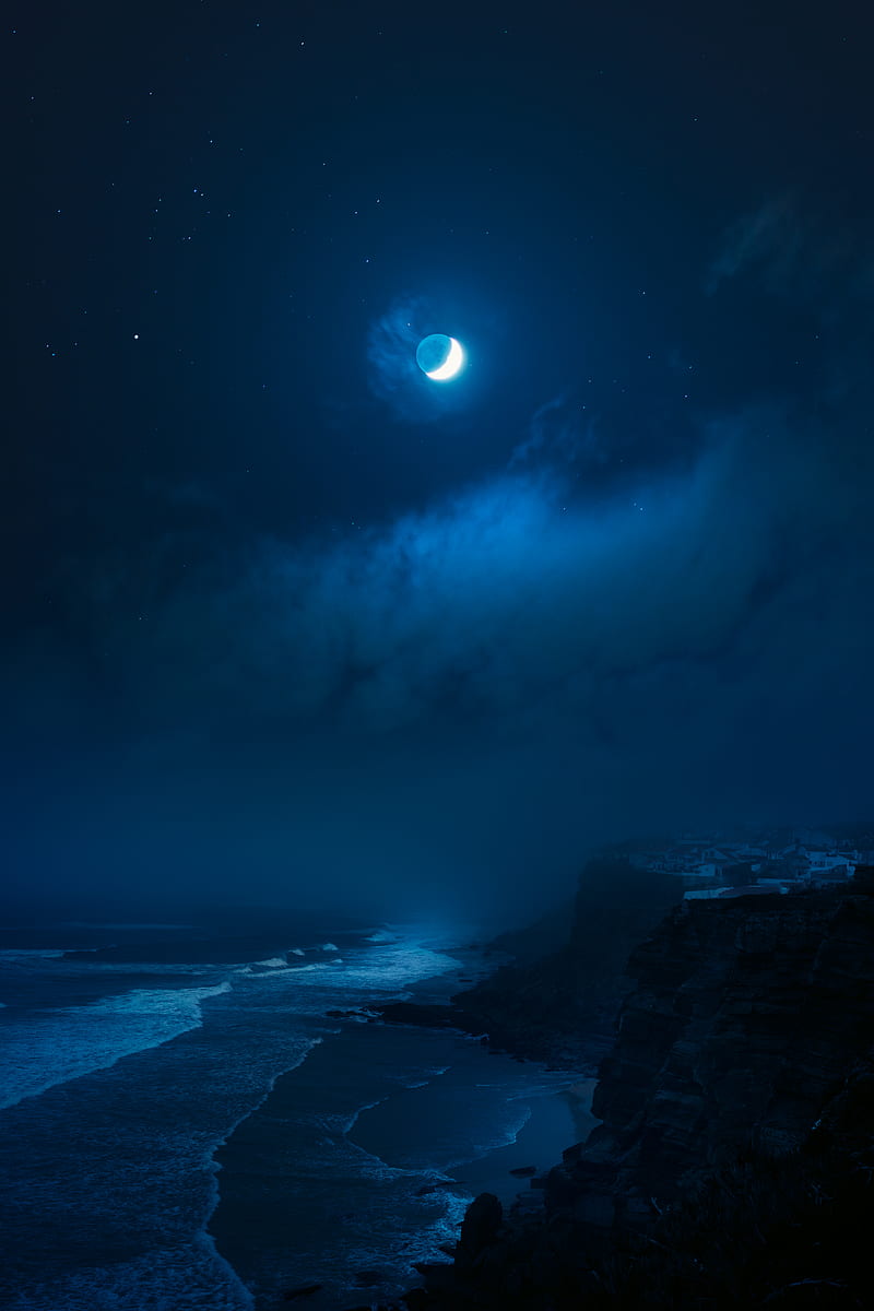 rocky shore under full moon, HD phone wallpaper