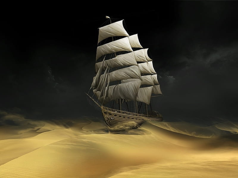 Ship of the desert, ships, vessels, desert, paint, sailing, storms, abstract, boats, sand, antique, ship, beaches, deserts, dust, stranded, night, HD wallpaper