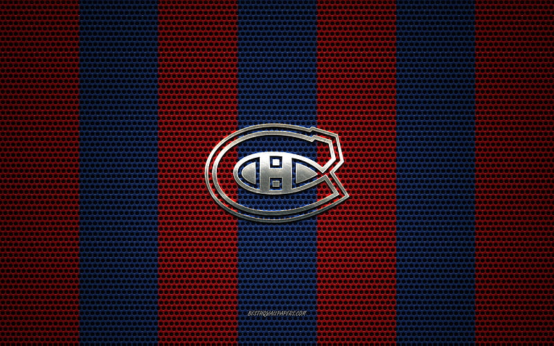 Montreal Canadiens logo, Canadian hockey club, metal emblem, red-blue metal mesh background, Montreal Canadiens, NHL, Montreal, Canada, USA, hockey, HD wallpaper